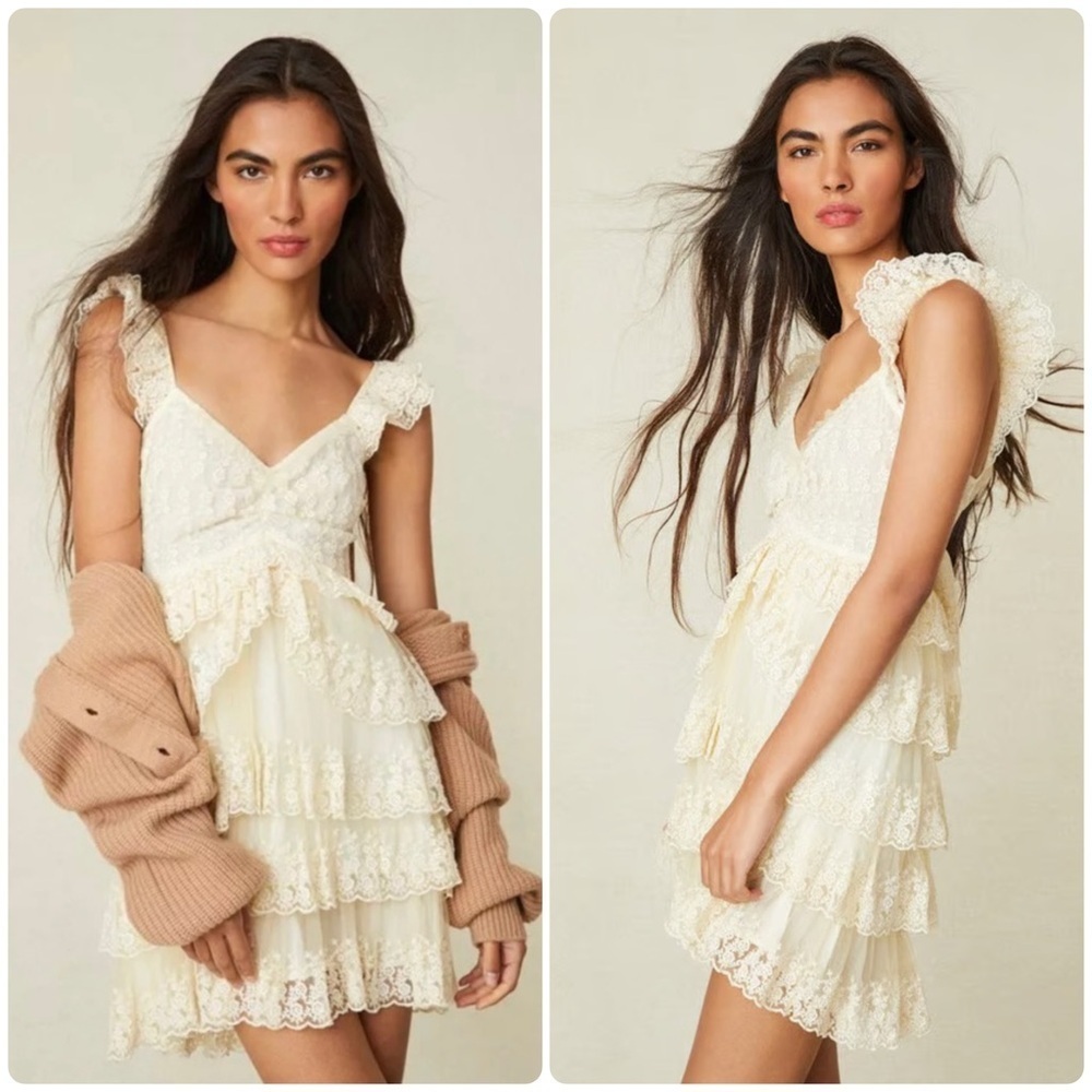 New! LoveShackFancy Federica Yellow Butter Cream Lace Ruffle Mini Dress🧁 Size 12